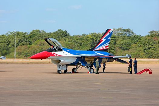 Nakhonratchasima, THAILAND November 27, 2015 : F16 Gripen and August 1st Aerobatic team" engaged in acrobatics.