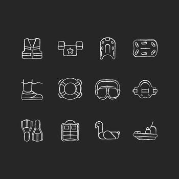 Pool floats and water safety equipment chalk white icons set on dark background