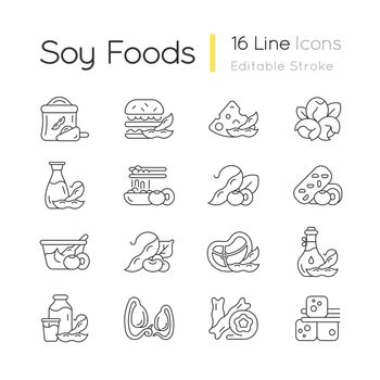 Soy foods linear icons set
