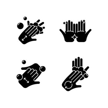 Washing hands instruction black glyph icons set on white space