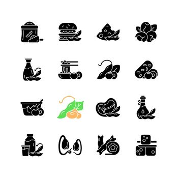Soy foods black glyph icons set on white space