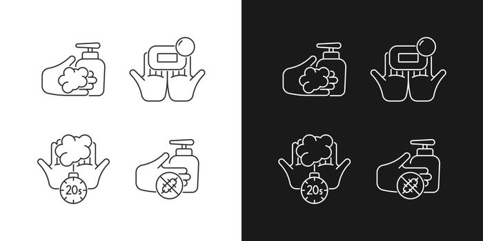 Hand hygiene linear icons set for dark and light mode