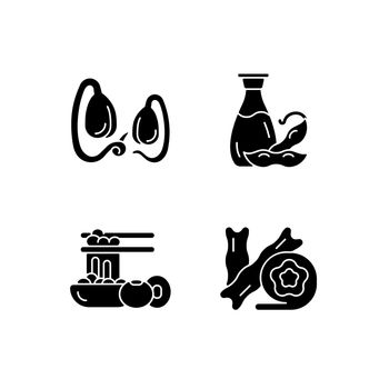 Soy meals black glyph icons set on white space