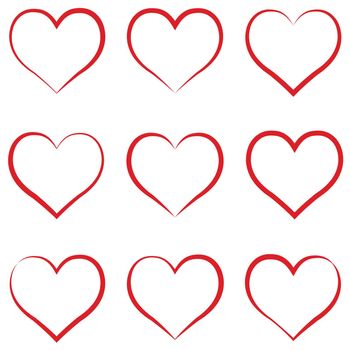 Heart outline red, set, symbol of the friendship and intimacy of Valentines Day love vector calligraphy hand draw the heart, concept of love