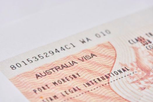 Australian visa in passport. Close-up view