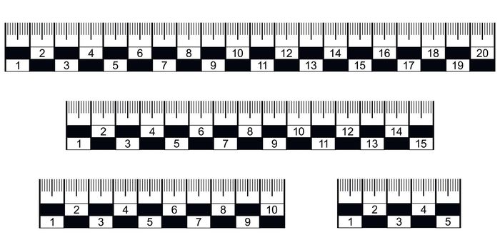 Analysis crime scene judicial measuring ruler, vector set ruler lines for inspection of the crime scene and fixing the dimensions of individual small in volume and area of objects