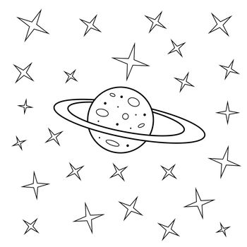 Starry sky simple drawing planet and stars, vector night sky with celestial bodies