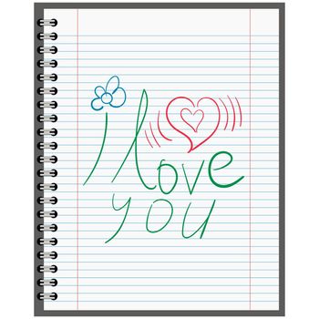 Confession in love, calligraphy on a sheet of paper from a school notebook, vector concept Declaration first love