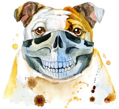 Watercolor portrait of bulldog in protective mask with skull
