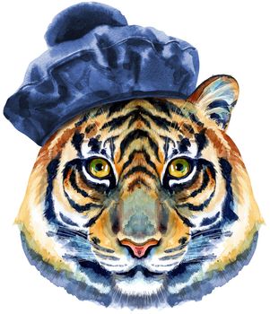 Tiger in black beret in pom-pom. Watercolor illustration isolated on white background.