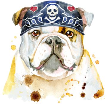 Watercolor portrait of bulldog wearing biker bandana