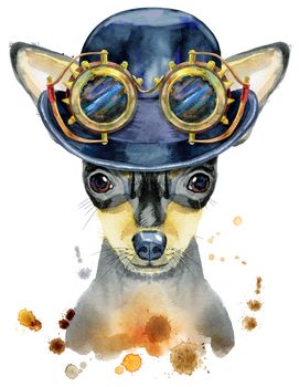 Watercolor portrait of toy terrier with hat bowler and steampunk glasses