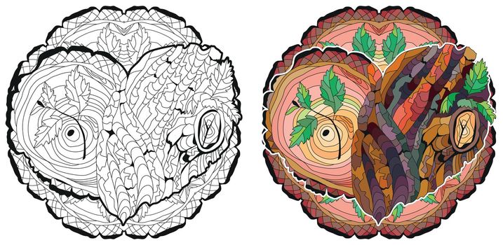 Sketchy doodle heart with mandala, with tree bark texture and young shoots. Color and outline set