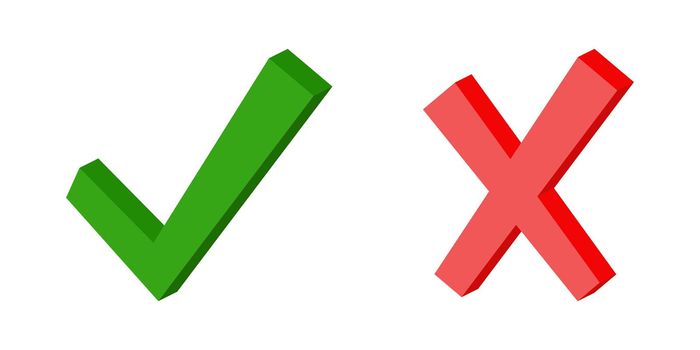 3d green check mark symbol and red cross, yes sign fact and myth verified fulfilled correct answer