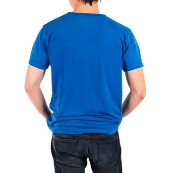 Close up of man in back blue shirt on white background.