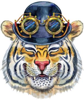 Colorful orange smiling tiger with hat bowler and steampunk glasses.