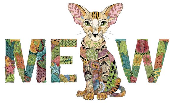 Word MEOW with a drawing of a cat. Vector zentangle object for decoration