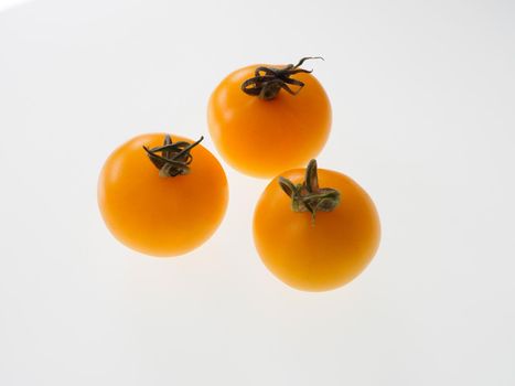 Studio picture of golden yellow tomatoes against a white background