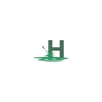letter H behind puddles and grass template illustration