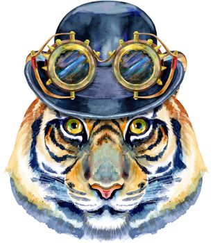 Tiger in a bowler hat and steampunk goggles. Watercolor illustration with splashes isolated on white background.