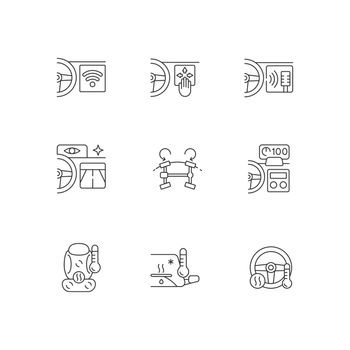 Sports car accessories linear icons set