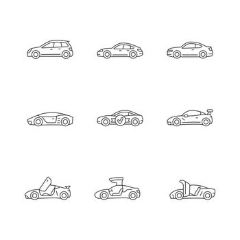 Sports car models linear icons set