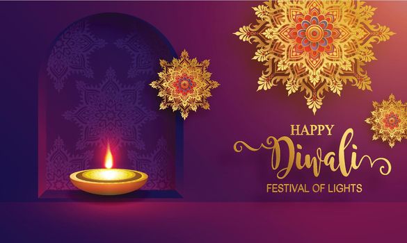 Diwali, Deepavali or Dipavali the festival of lights india with gold diya on podium, patterned and crystals on paper color Background.