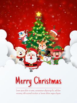 Christmas postcard of Santa Claus and Christmas cute animals with Christmas tree on the sky