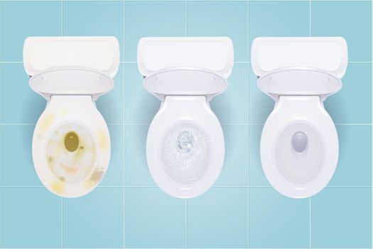 Modern toilet bowl top view in different status clean flushing dirty or grems on blue toilet background vector design illustration of interior mockup design