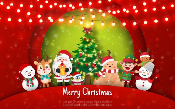 Christmas party with Santa Claus and cute animals on Christmas postcard