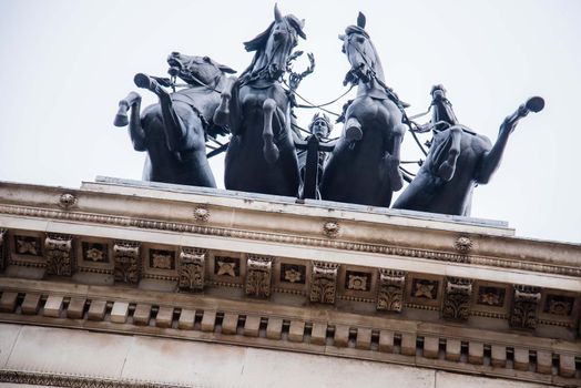 Horses of Helios Statue abstract view from below horses in Piccadilly London on January 27, 2017.