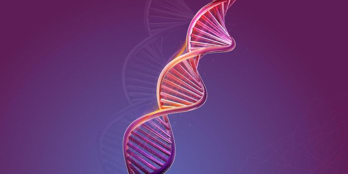 DNA double helix structure on a purple background.
