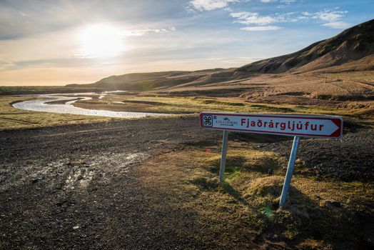 Signage for Fjaorargljufur, Iceland mossy green canyon