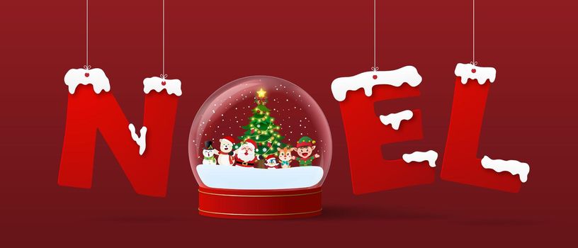 Santa Claus and friend in a snow globe with NOEL hanging word, Merry Christmas