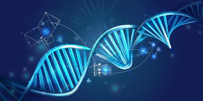 Glowing DNA spiral and HUD elements on a dark blue background.