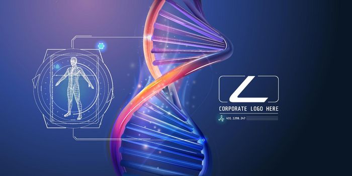 DNA spiral with abstract corporate infographics about human health research.