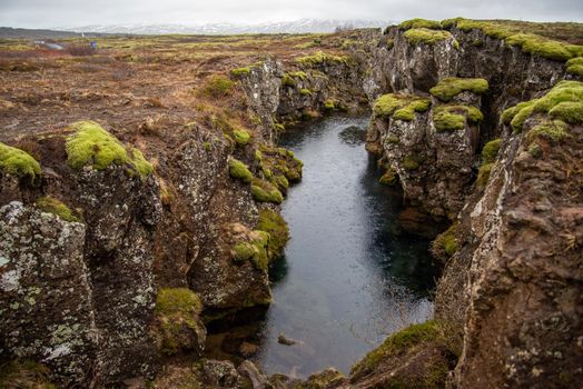 Mossy Icelandic canyon with straight riverbed