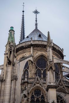 Detail close up view of the French Gothic architecture of the Notre Dame de Paris. Exterior view