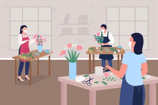 Floristry workshop during pandemic flat color vector illustration
