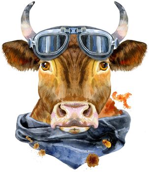 Watercolor illustration of a red bull with biker sunglasses and handkerchief