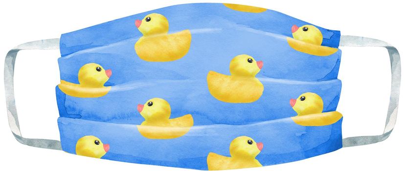 Medical protective blue mask with yellow ducks on white background, Prevent Coronavirus, protection factor for virus.