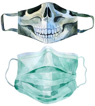 Set of medical protective masks on white background, Prevent Coronavirus, protection factor for virus.