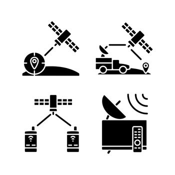 Communications satellites black glyph icons set on white space