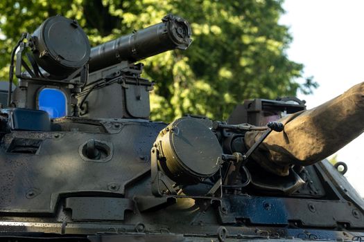 Close-up of the armored turret of a military tank.Military concept