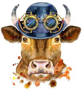 Watercolor illustration of a red bull with hat bowler and steampunk glasses