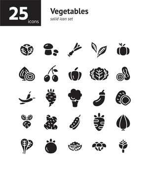 Vegetables solid icon set.
