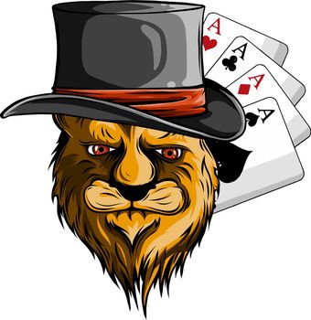 Portrait of lion in bowler hat and poker aces
