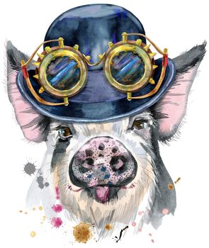 Watercolor portrait of pig with hat bowler and steampunk glasses