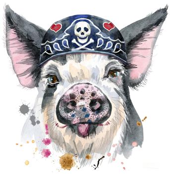 Watercolor portrait of pig wearing biker bandana