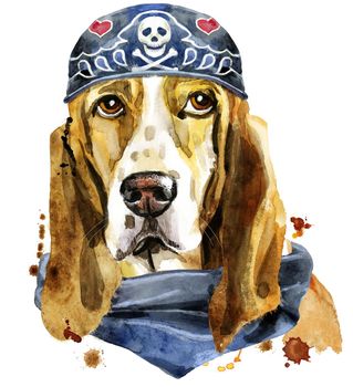 Watercolor portrait of basset hound wearing biker bandana
